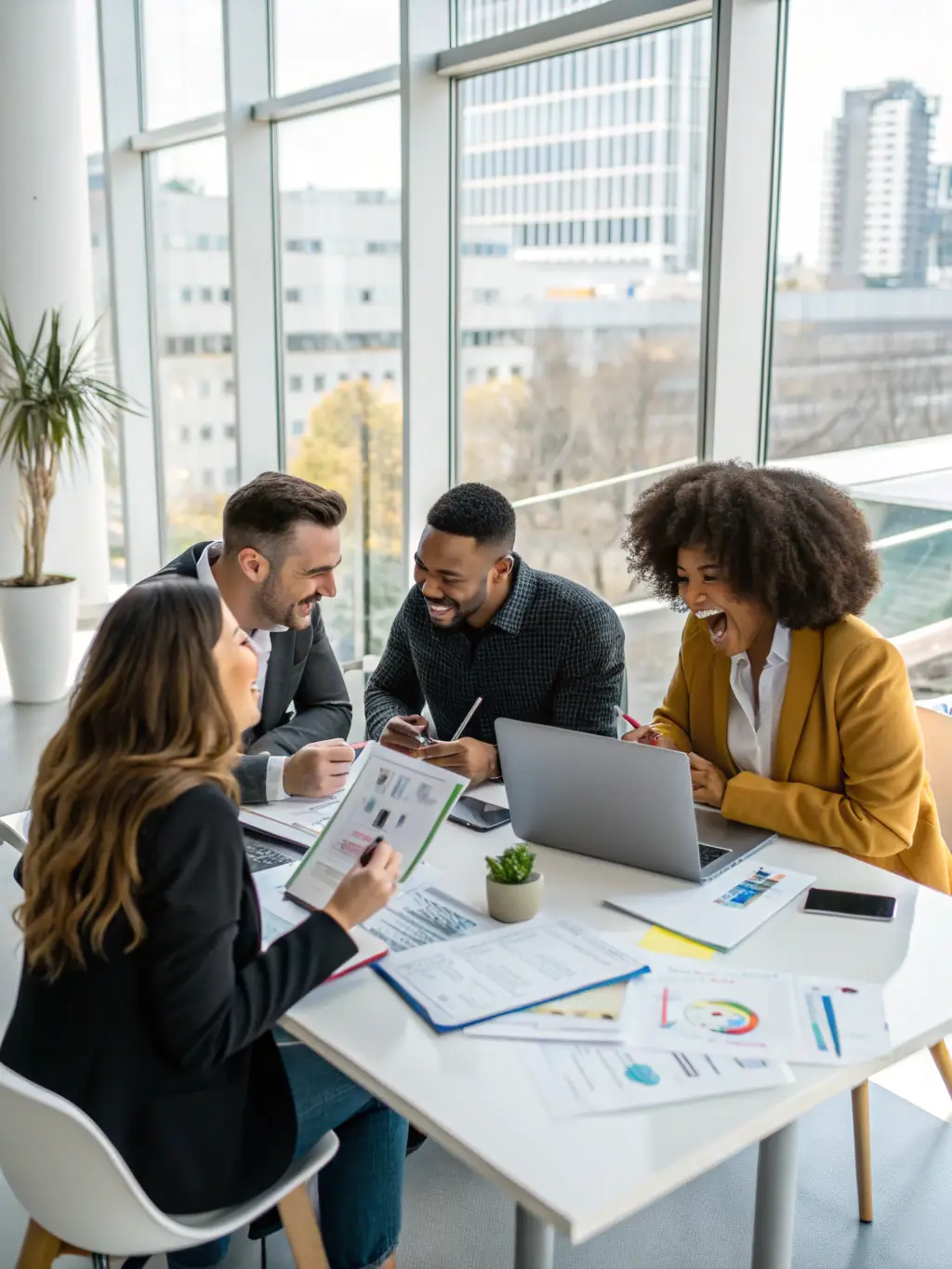 A stock photo of a diverse group of people brainstorming content ideas around a table, with laptops and notebooks, representing the collaborative and creative process behind Richmond Online Marketing's content creation services.