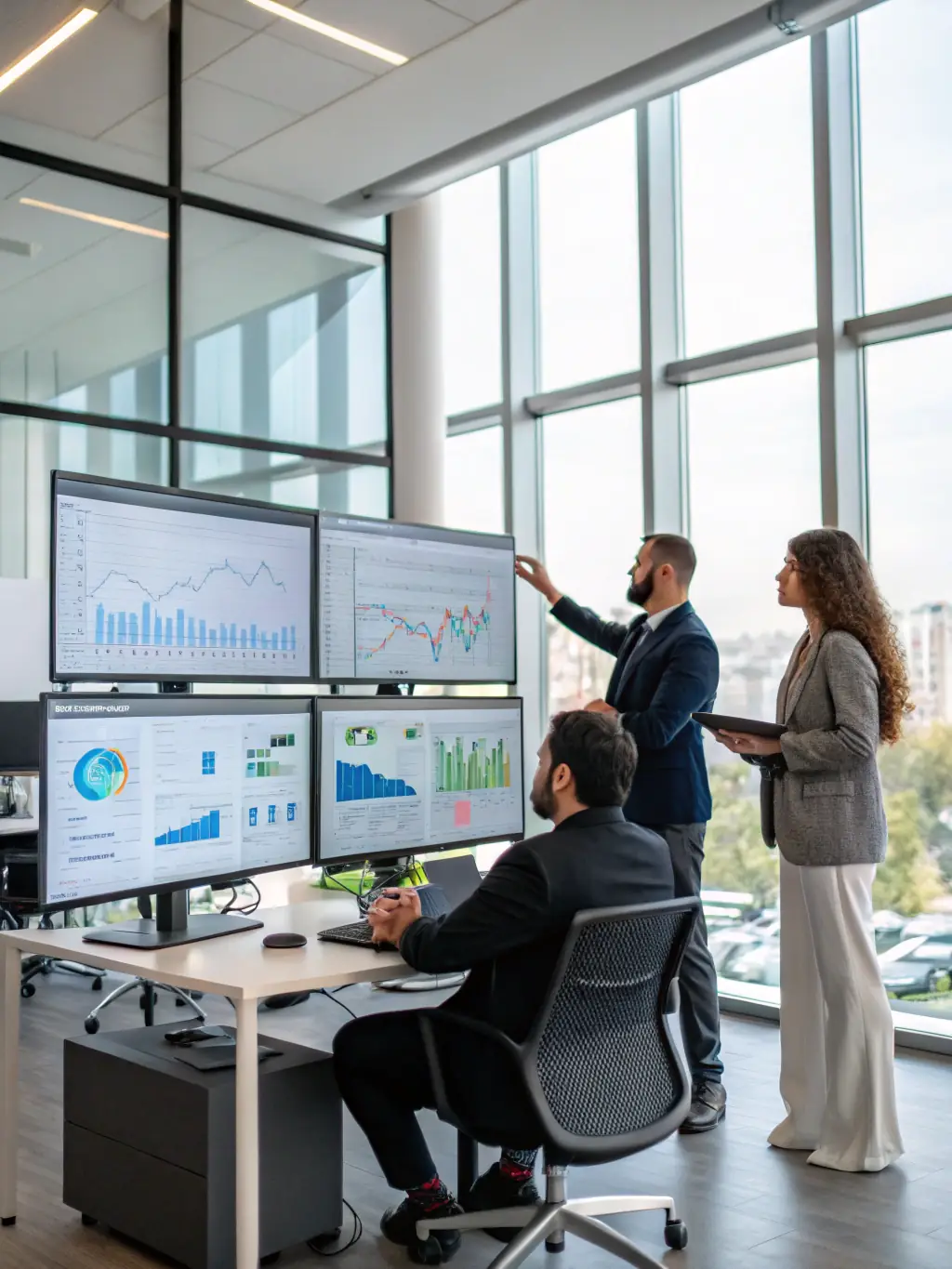 A professional photograph showcasing a team of SEO specialists analyzing website data and optimizing content for search engines in a modern office setting.