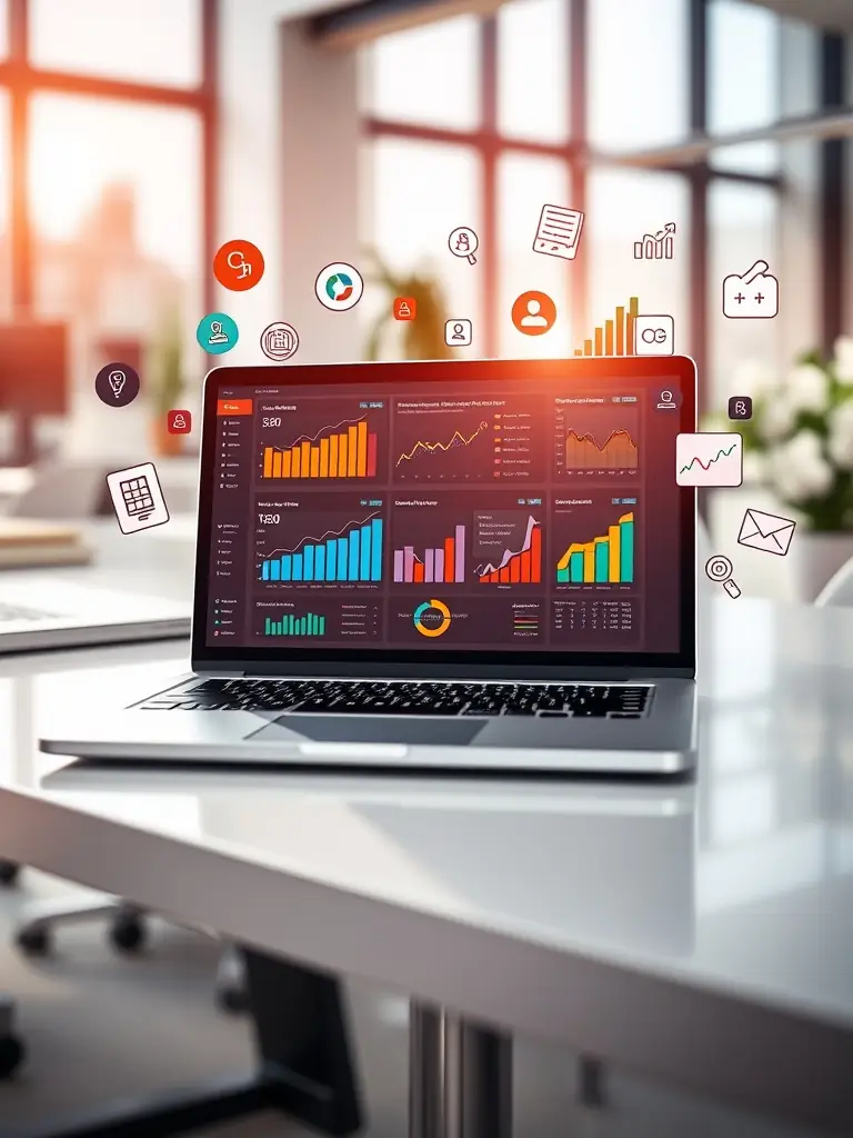 A professional photograph of a laptop displaying SEO analytics dashboards, surrounded by marketing-related documents and tools, symbolizing the data-driven approach to SEO services offered by Richmond Online Marketing.