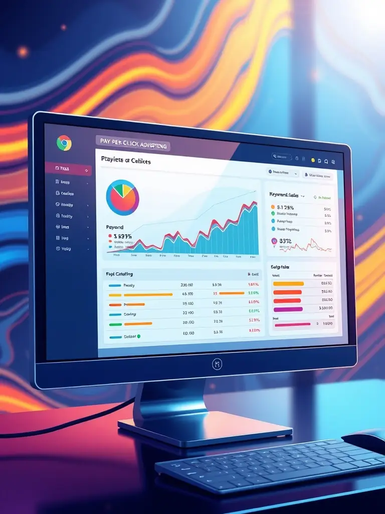 A visually appealing graphic showcasing a pay-per-click (PPC) ad campaign interface with metrics highlighting impressions, clicks, and conversion rates, representing Richmond Online Marketing's expertise in PPC advertising.